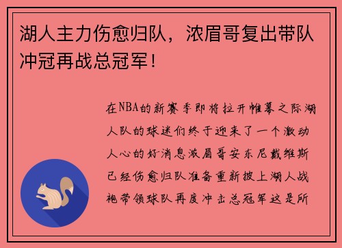 湖人主力伤愈归队，浓眉哥复出带队冲冠再战总冠军！